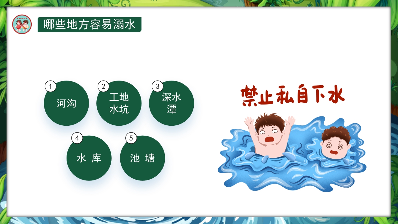 卡通风小学生防溺水教育主题班会PPT课件5