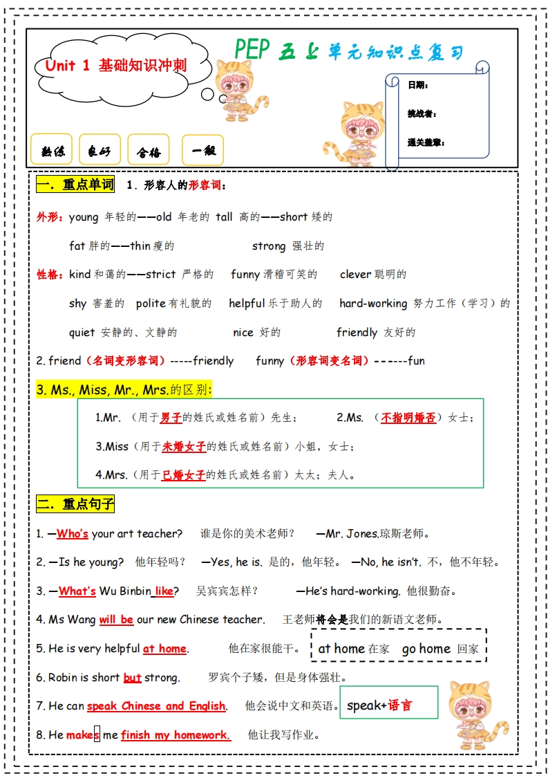 人教版五年级英语上册单元知识点冲刺U1-U6 14页（背诵版）