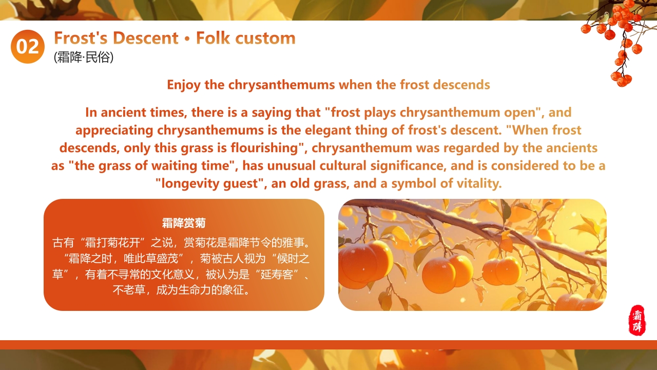 红色插画风“好柿成霜喜从天降”传统节气霜降英文介绍PPT17