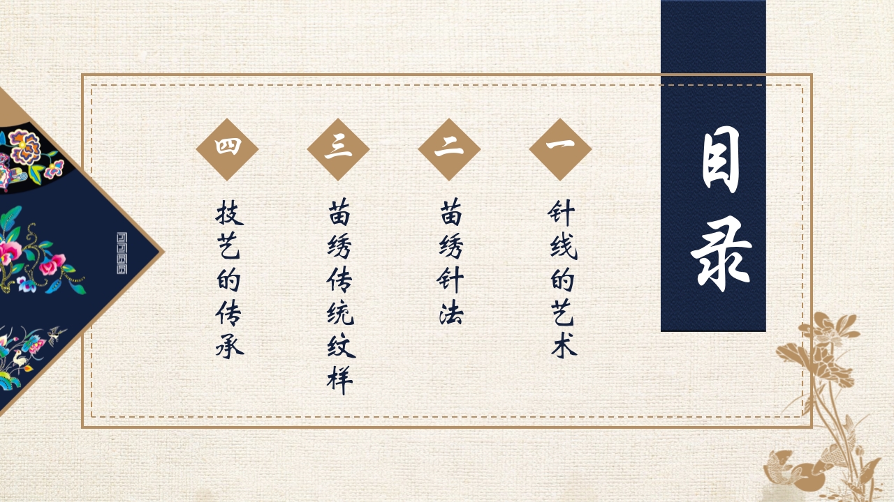 刺绣花纹背景的贵州苗绣宣传介绍PPT课件2