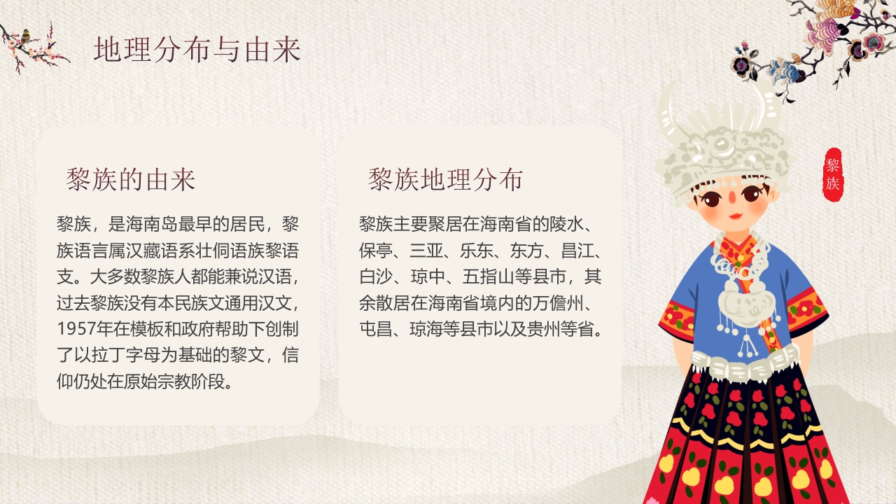 少数民族女孩背景的《探寻黎族文化之美》民族文化介绍PPT课件4