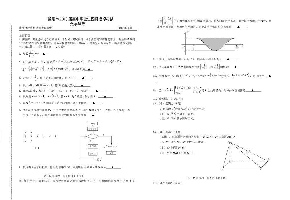 通州市高中毕业生四月模拟考试数学试卷+参考答案word版1