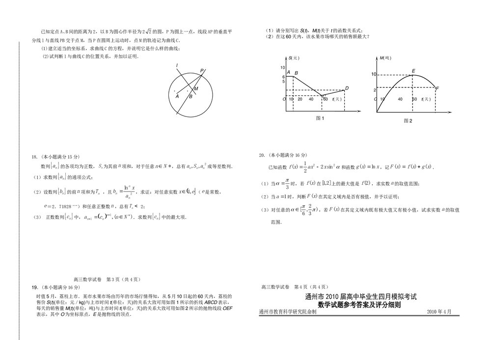 通州市高中毕业生四月模拟考试数学试卷+参考答案word版2