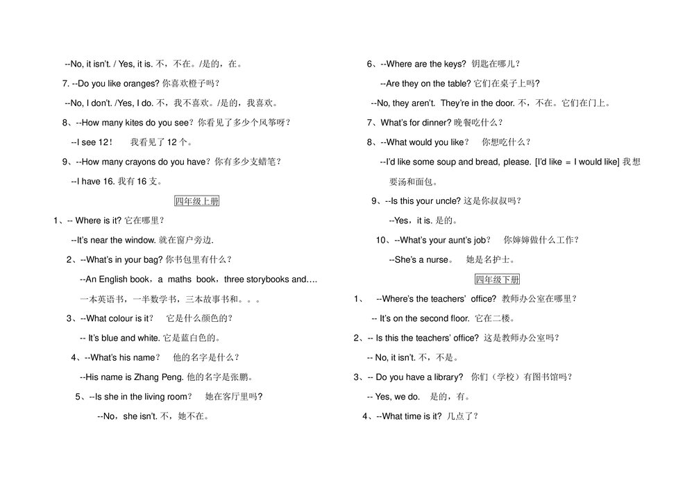 小学英语三至六年级重点句型汇总word版2