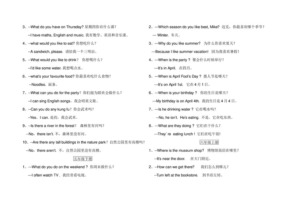 小学英语三至六年级重点句型汇总word版4