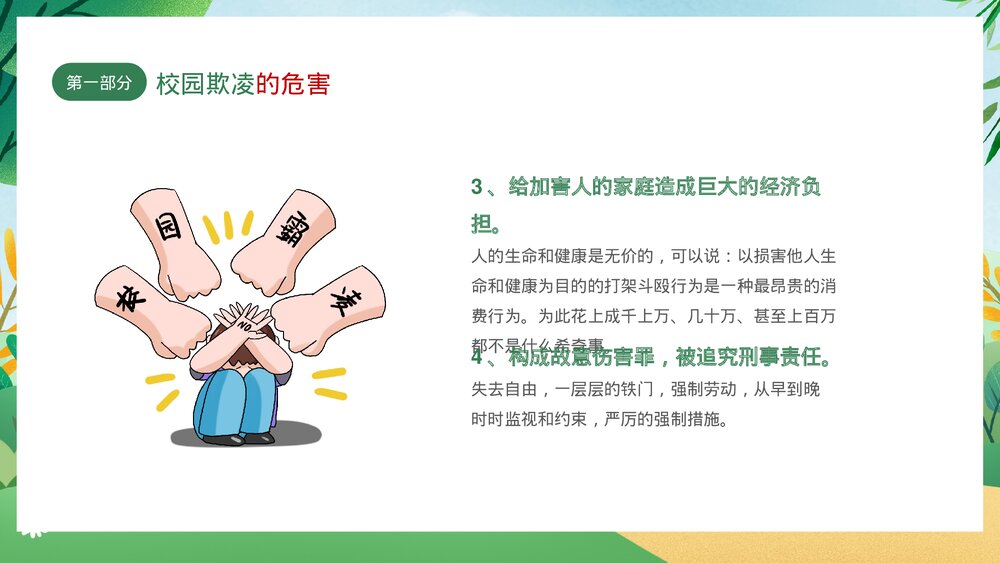 绿色卡通插画风拒绝校园欺凌主题班会PPT8